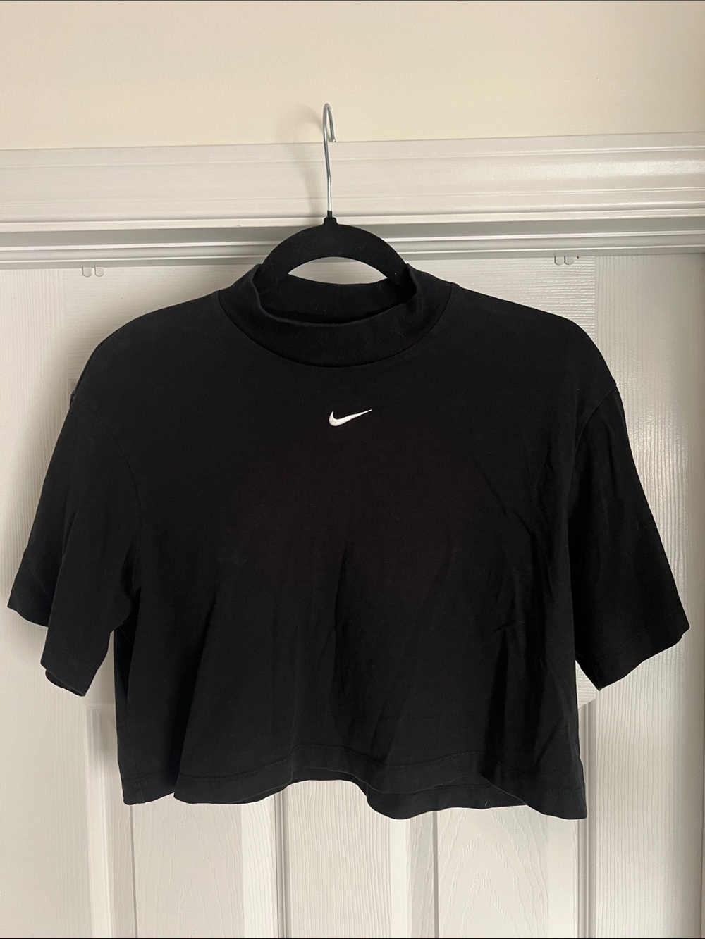 Nike Black Cropped Tee with White Swoosh Logo